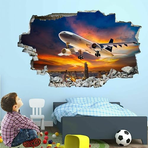 3D-Wandaufkleber | Flugzeug-Kunst-Vinyl-Dekor-Aufkleber | Stadtansicht abnehmbar | Abziehen und aufkleben | Gebrochene Bordüre für Mädchen und Jungen, Schlafzimmer, Kinderzimmer, Zimmerdekoration