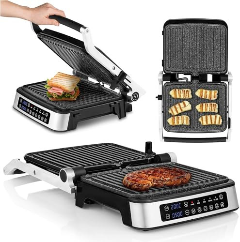 ZEEGMA Grill Chef Elektrischer Kontaktgrill und Sandwichtoaster 2100W, herausnehmbare Heizplatten, 2in1, 180 ° klappbar, Antihaftbeschichtung, Tropfschale, akustische Benachrichtigungen