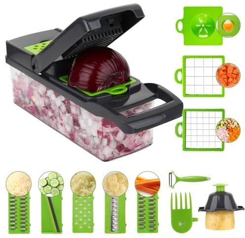 VacFreKep Picadora de verduras, picadora de cebolla profesional, picadora de alimentos multifuncional 14 en 1, cortadora de verduras de cocina, picadora de verduras con 8 cuchillas