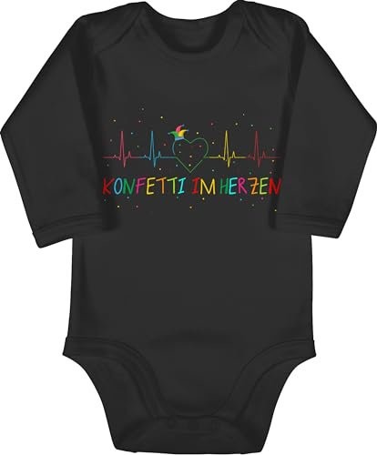 Baby Body langarm Mädchen Junge - Karneval & - Konfetti im Herzen Herzschlag Fasching - 3/6 Monate - Schwarz - karnaval kostium witzige faschings karneval-klamotten fasching. fastnachts fasching-