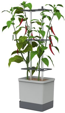 GUSTA GARDEN Charly Chili Chilitopf - Pflanzentopf mit Rankhilfe, Bewässerungssystem & Robustem Rahmen (Hellgrau, XL)