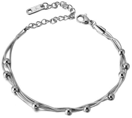 Kim Johanson® Edelstahl Damen Fußkettchen *Kala* in Silber, Gold & Roségold | Mehrreihige Fußkette mit vielen festen Kugeln | Wasserfest | Boho Schmuck für Frauen | Verstellbare Länge | Schmuckbeutel