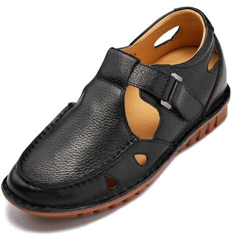 CALTO Men's Invisible Height Increasing Elevator Shoes - Black Premium Leather Lightweight Casual Fisherman Sandals - 2.8 Inches Taller - K0751 - Size 10 D(M) US