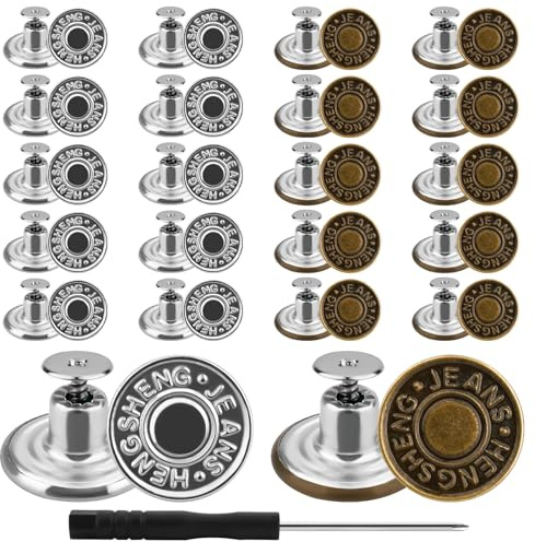rietegio 40Pcs Jean Buttons 17mm No Sew Metal Button Jeans Buttons Replacement Adjustable Jean Button Pins with Screwdriver Waist Tightener Clips for Jackets Clothes Denim Skirt Clothing Repairing