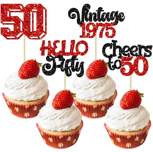 Gyufise 24Pcs Happy 50th Birthday Cupcake Toppers Star 50 Hello Fifty Vintage 1975 Cupcake Picks Cheers to 50 Birthday Decorations for 50th Birthday Anniversary Party Decorations Supplies Red