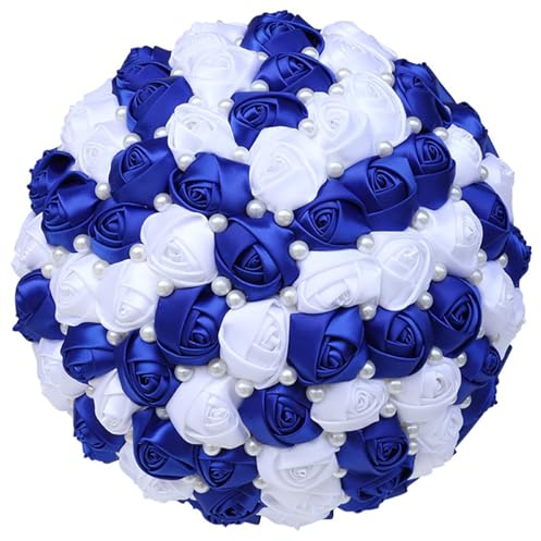 cocoontail Bouquet da sposa blu e bianco, 30 cm, rose in raso con strass, fiori per sposa e damigelle d'onore (blu)