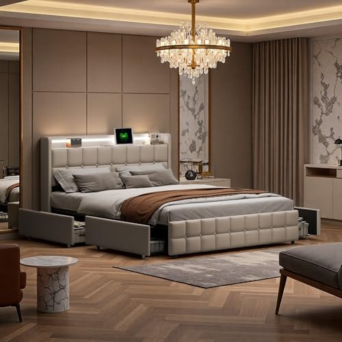 Säng 180 x 200 cm med LED-belysning, dubbelsäng, vadderad dubbelsäng med 4 lådor, USB-laddningsfunktion, sänggavel, förvaringssäng, vuxen med lameller, sängram i linne, beige