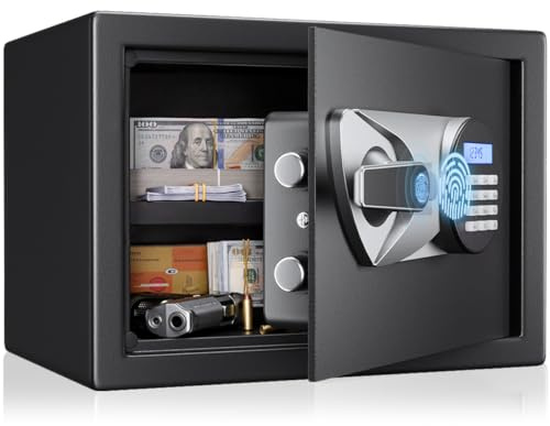 BlackSmith Home Safe Box 1.2 Cubic Feet Biometric Gun Safe Quick Access Fingerprint Security Lock Box for Pistols, Cash, Jewelry with Dual Alarm System LCD Display and Fireproof Bag