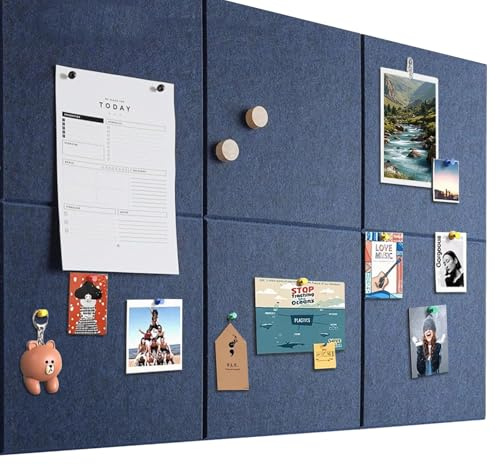 Tablón de anuncios grande, 90 x 60 cm, de fieltro, autoadhesivo, con 60 chinchetas, 6 unidades de 9 mm de grosor, tablero de visión para fotos, para casa, cocina, oficina, escuela, azul oscuro