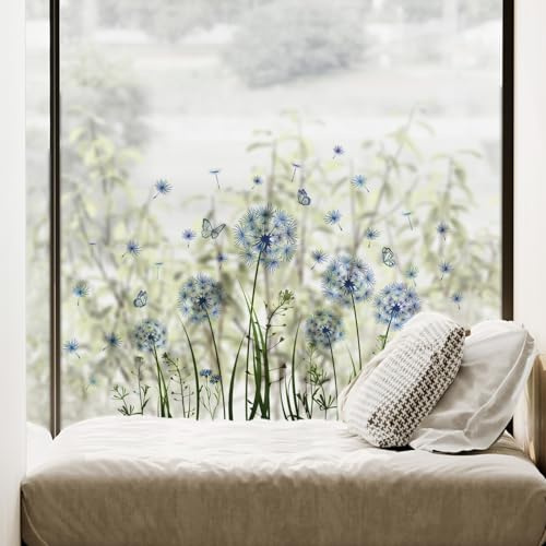 RUCUDIM Adesivo per finestra con dente di leone, motivo farfalla, decorazione per finestre e finestre, motivo fiori,Pellicola statica per finestre in vetro e porte