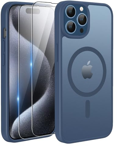 TQIAHF Magnetic Phone Case Cover for iPhone 15 Pro,Blue | with 2 Tempered Glass Screen Protector Compatible with MagSafe Military Grade Shockproof Protective Slim Translucent Matte