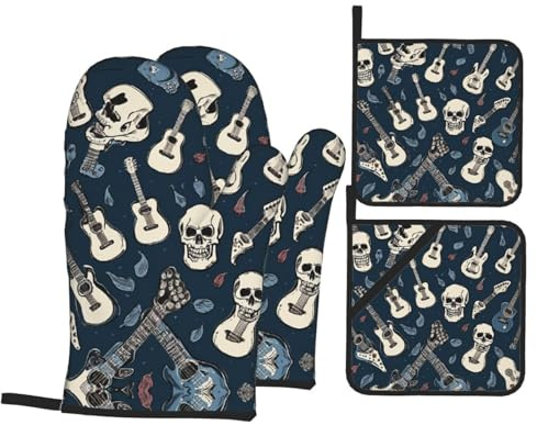 Mexican Skull Print Oven Mitts and Pot Holders Set of 4 Waterproof Kitchen Mitts with Storage Rope for Microwave, Stove, and Outdoor BBQ