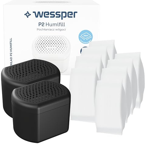 Wessper 2x Deumidificatore Casa Assorbi Umidità con 8x Ricariche Granuli 250 g – Antimuffa e Anti Odori, Senza Elettricità, Deumidificatore per Armadi Bagno Cantina Auto, Nero