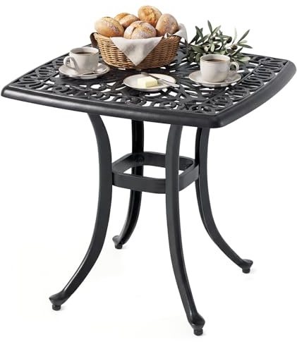 COSTWAY Mesa Auxiliar Jardín de Aluminio Fundido, 54 x 53 cm, Mesa Cuadrada Exterior, Orificio para Sombrilla, Mesita de Café Terraza Balcón Patio Porche