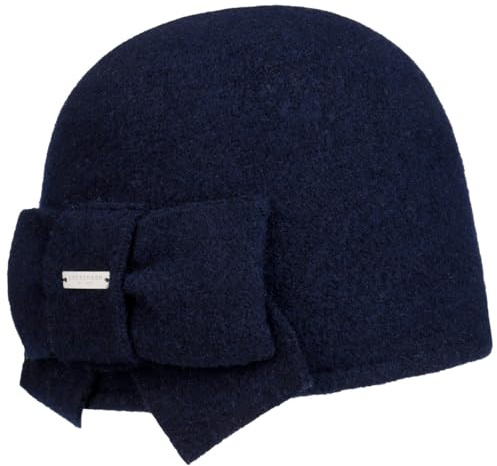 Seeberger Litika vintermössa, valkad yllemössa med rosett, dammössa, valkad hatt, Mörkblå, 55/58 cm