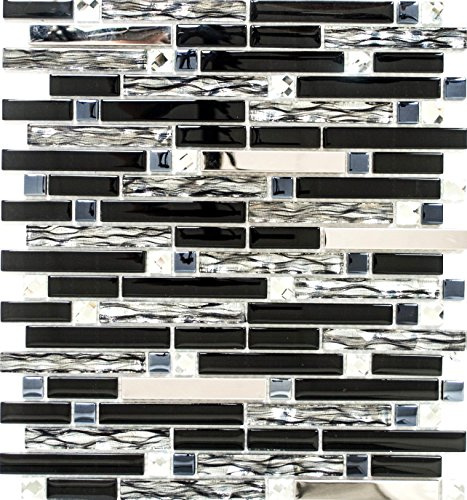 Mosaik Verbund Crystal/Edelstahl mix schwarz/Glas Metall Mix Fliesenspiegel, Mosaikstein Format: 15x48/98/148x8 mm, Mattengröße: 298x338 mm, 10 Matten