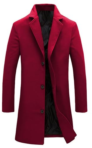 Springrain Caban d'hiver chaud en laine mélangée avec col cranté, simple boutonnage, pour homme, Rouge, Medium