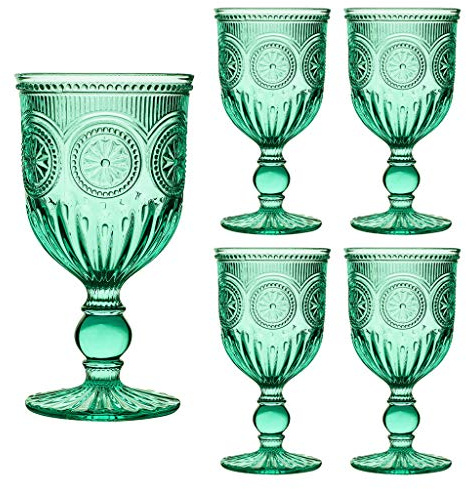 Dibor Wine Glass Set of 4 Turquoise Embossed 300ml Drink Goblets Alfresco Dining Glassware | Vintage Style, Mandala Embossed, Coloured Glassware, Alfresco Dining