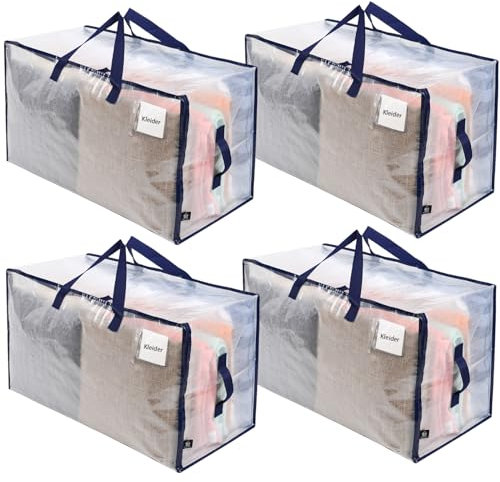 VENO 4 Pack Heavy-Duty Oversize Large Storage Bag Organizer with Zips and Tag Pocket for Moving, Clothes Storage, Laundry Bag, Packing, House Solutions, Sustainable, Water-Resistant (Clear, 4 Pack)