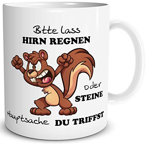 TRIOSK Tasse Eichhörnchen mit Spruch lustig Lass Hirn Regnen Geschenk Spaßtasse für Arbeit Büro Männer Frauen Freunde Kollegen, Keramik 300ml