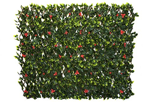 GreenBrokers Trellis Artificial Expanding Willow Fence with Green Leaf Foliage and Red Flowers (1m x 2m) -UV Stable, A1262-01