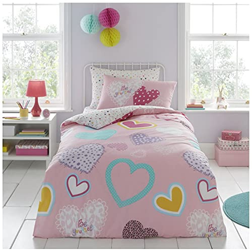 GC GAVENO CAVAILIA Kids Bedding Hearts Single Duvet Cover Set, Easy Care Breathable Love Heart Bedding, Super Soft Heart Reversible Duvet Cover With Matching Pillow Case, Pink