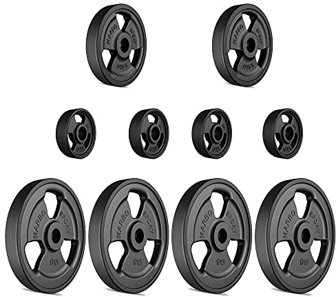 Marbo Sport Tri-Grip Hantelscheiben-Set KIER_G aus Gusseisen mit Gummi-Ummantelung, Gewichte mit Aufnahme Ø31 mm, 4 x 5 kg + 2 x 2,5 kg + 4 x 1 kg (Gesamtgewicht 29 kg)