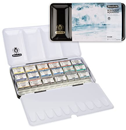 Schmincke – HORADAM® AQUARELL Farbkasten mit 18 feinsten Aquarellfarben, Cesc Farré Edition, 74 829 097, Metallkasten, Malset, 18 x 1/1 Näpfchen, Leerschiene