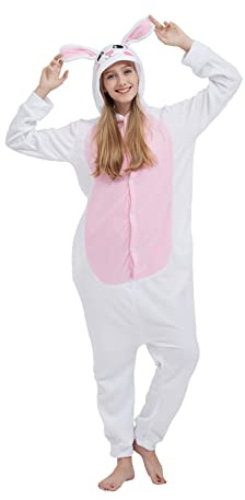 SimZoo Unisex-Hauskleidung Einteilige Cosplay-Kostüm, Nachtwäsche Tier-Einteiler-Pyjama für Erwachsene, Herren und Damen Weißes Kaninchen XL