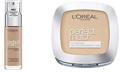 L'Oréal Paris Make up, Flüssige Foundation mit Hyaluron und Aloe Vera, Perfect Match Make-Up, Nr. 3.R/3.C Rose Beige, 30 ml & Puder Make up, Mattierendes Kompaktpuder mit LSF 8, Nr. 4.N Beige, 9 g