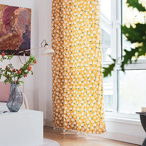 SASIGAYA Gelb Gardinen mit Weiß Blumenmuster Landhaus Vorhänge Boho Lichtdurchlässige Vintage Quasten Bauernhaus Vorhang Baumwolle Verdunklungen Vorhang für Schlafzimmer Wohnzimmer 2 Stück 150×160cm