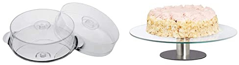 APS 652 Edelstahl-Kuchen-Platte mit Polystyrol Abdeckung, Ø 30 x 7/11 cm, 2 Deckel & Relaxdays Tortenplatte drehbar, Standfuß, Kuchenplatte zum Dekorieren, Ø 30cm, transparent, 1 Stück