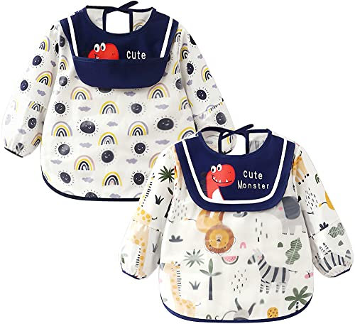Maeau 2 Stück Lätzchen mit Langen Ärmeln Wasserdicht Baby Mädchen Junge 24 36 Monate Fütterlätzchen 2 3 Jahre Langarm Schürze Kinder Ärmellätzchen Baumwolle Waschbar Kleinkind Essen Malen Blau Weiß