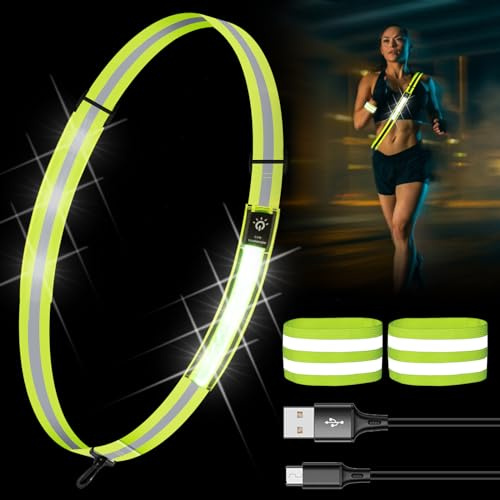3 PCS Lauflicht Joggen mit Reflektoren Gürtel + Reflektierendes Armband LED Lauflampe Verstellbar USB Aufladbar Nacht Sicherheitslicht Laufgürtel für Joggen Laufen Running Hundewandern Outdoor Sports