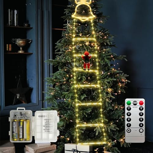 MEDOYOH Warmweiß Licht 2M/79IN 136 LEDS Leiters mit Kletternder Weihnachtsmann, Weihnachtsbeleuchtung Batteriebetrieben für Indoor Outdoor Weihnachtsbaum Balkon Fenster Dekor