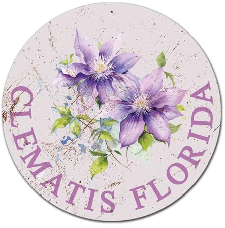 Lygond Metal Sign Tin Sign Retro Round Garden Flower Clematis Florida Metal Sign for Bar 12×12 Inches