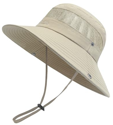 SEYUFN Damen Sonnenhut Outdoor Sommer Wanderhut Damen UV-Schutz Bucket Cap Faltbar Mesh Pferdeschwanz Breite Krempe Zum Safari Angeln (B-Kein Pferdeschwanzloch-Khaki)