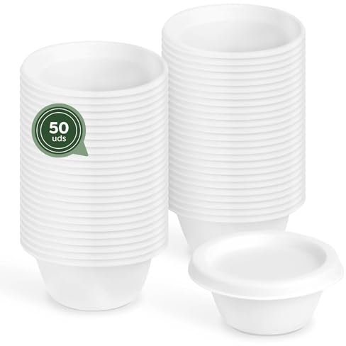MAXI PRODUCTS - 50 Salsera Caña de Azúcar con Tapa - 60 ml - Tarrinas Blancas Cierre Seguro - Recipientes de Caña de Azúcar Compostables para Salsas - Envases con Tapa - APTO MICROONDAS