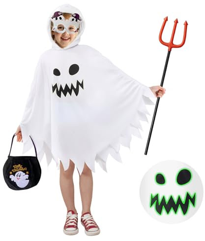JOYUE Déguisement Halloween Fantôme Enfant, Costume Fantôme Enfants Cape Fantôme Blanche avec Sac à Main, Fourchette du Diable et Lunettes Fantômes, Cape Ghost pour Carnaval Cosplay Party (7-9 ans)