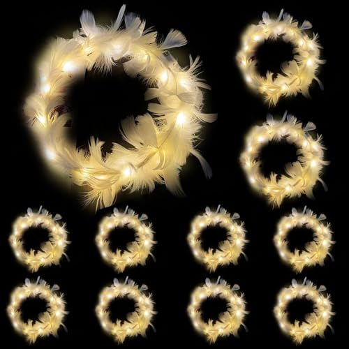 YOUYIKE LED-Blumenkranz, 10 Stück, Stirnband, LED-Federn, Haargirlande, für Frauen und Mädchen, Hochzeit, Geburtstag, Karneval, Weihnachten, Halloween, Zubehör (warmweiß)