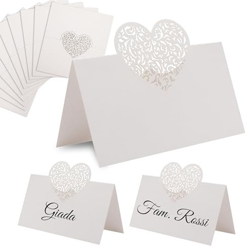 Decoraparty 10 Segnaposto con Cuore Intagliato Bianco Perla - Segnatavolo Decorazione Elegante in Carta per Tavolo Cartellino Ospiti Matrimonio, Anniversario, Wedding, Nozze ~ 9 x 6,5 cm