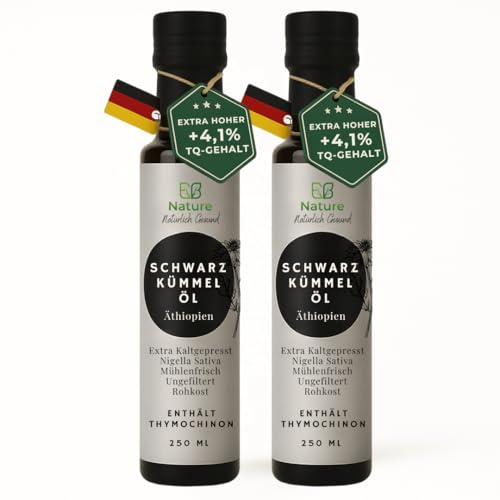 E.B. Nature Svart kumminolja ofiltrerad kallpressad & ofiltrerad – laboratorietestad Nigella sativa olja med 4 % timokinonhalt, kvarnfräsch och 100 % naturlig ren (2 x 250 ml)