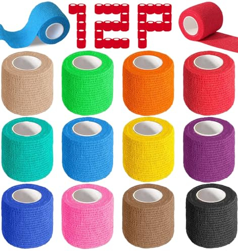 YesBes 12 Pack Self Adhesive Bandage Wrap, 2 X 5 Yards Color Vet Wrap, Ankle Tape, Elastic Cohesive Bandage Wrap, Athletic Tape