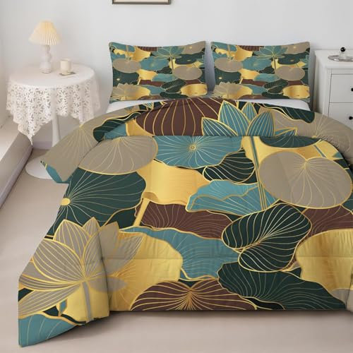 Bettdecke 200x220 Ohne Bezug Nutzbar, Lotusblatt Und Blattdruck Bettdecken Waschbar Ganzjahresdecke Retro 4 Jahreszeiten Steppdecke, Bettzeug Microfaser mit 2 Kissenbezug für Sommer Winter Doppelbett