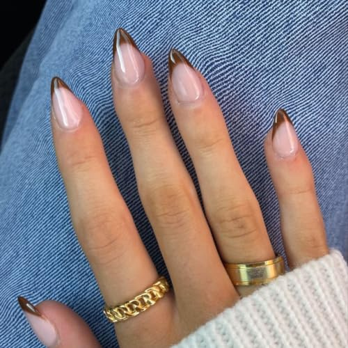 SXVME 30 Pcs Acrylic Press on Nails Short Almond, Brown French Tip False Nails Short Pointed Stiletto, Natural Nude Fake Nails Set Classic Soft Gel Stick on Nail for Women Fall Winter Wear