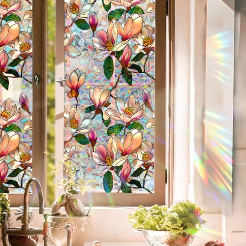 Sunroof Stained Glass Window Film, Rainbow Magnolia Static Window Clings, No Adhesive Sun Heat Blocking Privacy Window Film Decals for Home Office Living Room Car Sunroof Stickers 16.9 x 39.37 Inch