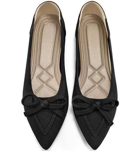 Ablanczoom Ballet Flats Shoes for Women: Dressy Pointed Toe Bow Knit Flats Comfortable Slip On Work Business Casual Shoes Black