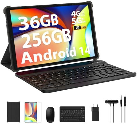 LEVIRTU 2K FHD Tablet 10,4 Pulgadas Android 14,Octa-Core 2.0 GHz, 4G LTE+5G WiFi, 36GB RAM+256GB ROM (2TB TF), 8000mAh,13MP+8MP, GPS, Widevine L3, Tablet con Teclado, Ratón, Cuerpo de Metal-Gris