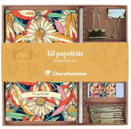 Clairefontaine 116231C - Un Kit de Papeterie contenant un Carnet 11x17 cm 64 Pages Lignées, un Crayon de Papier, 2 Pinces doubles-clip, 10 Trombones et une Gomme - Collection Frida Kahlo