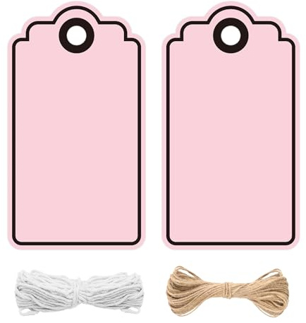 jijAcraft Rosa Geschenkanhänger mit Schwarz Kante: 5 x 9cm Papier Anhänger zum Beschriften 100 Stück Kraftpapier Etiketten Tags mit Loch und Schnur für Hochzeit, Party,Weihnachten